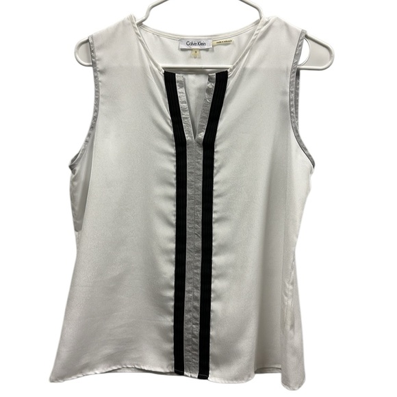 Calvin Klein White Black Silver Sleeveless Split Neck Blouse Womens Small - Picture 2 of 8